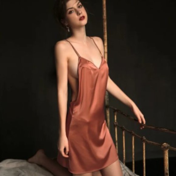 Rusty Red Satin Revealing Nightgown Lingerie Dress - Picture 5 of 12
